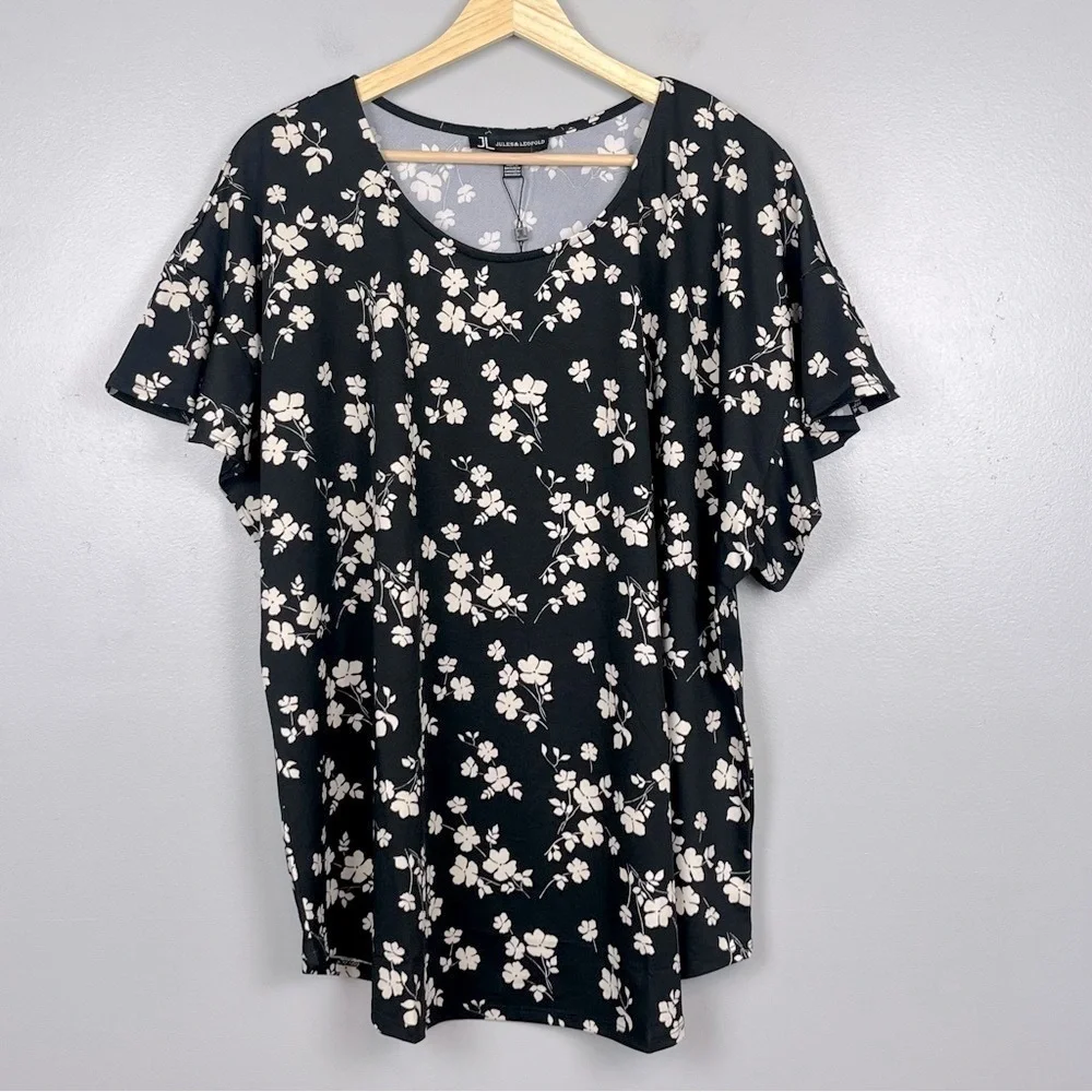 NWT Jules & Leopold black & white floral print flutter sleeve blouse top, 3X. - Picture 1 of 11